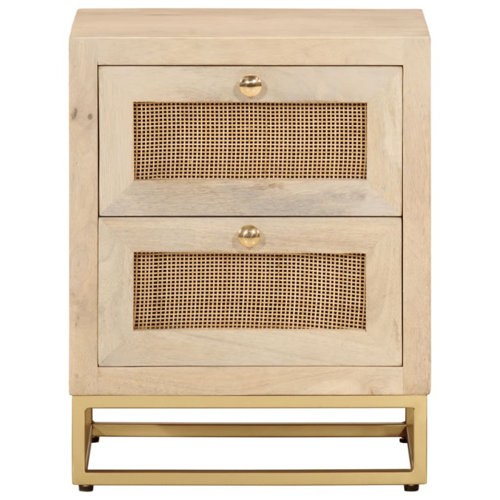 Comodino tre cassetti naturale e rattan