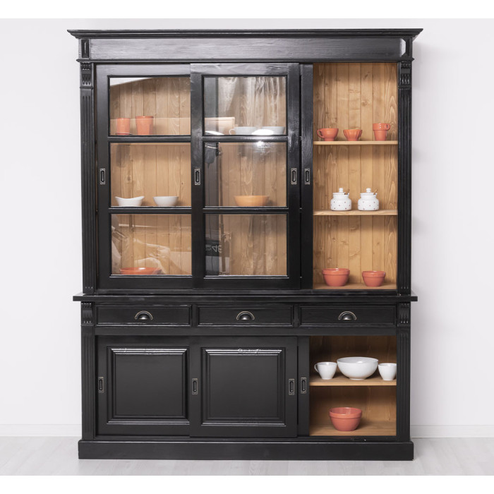 Credenza alta stile Industrial ante scorrevoli nera legno massello