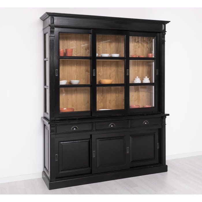 Credenza alta stile Industrial ante scorrevoli nera legno massello
