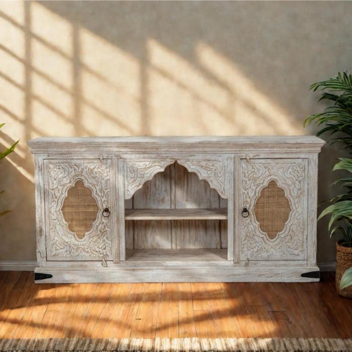 Porta TV etnico bianco in mango e rattan – Etnico Outlet