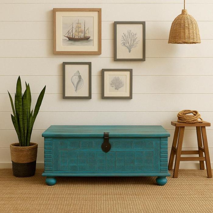 Baule indiano legno azzurro shabby