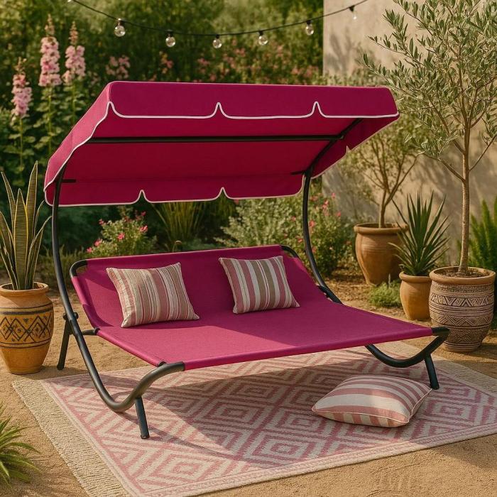 Lettino Boho Chic con Baldacchino Rosa da Esterno - Etnico Outlet