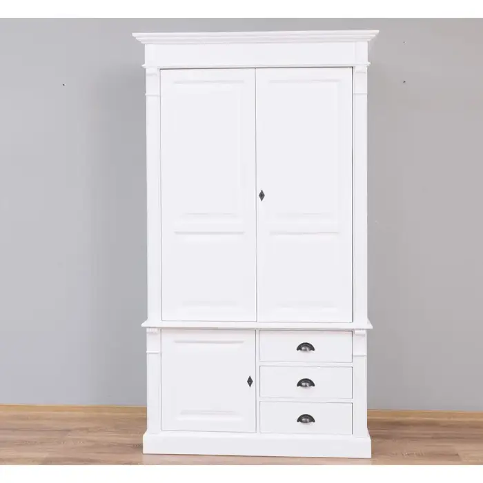 Armadio stile provenzale bianco in legno massello di pino con ante e cassetti