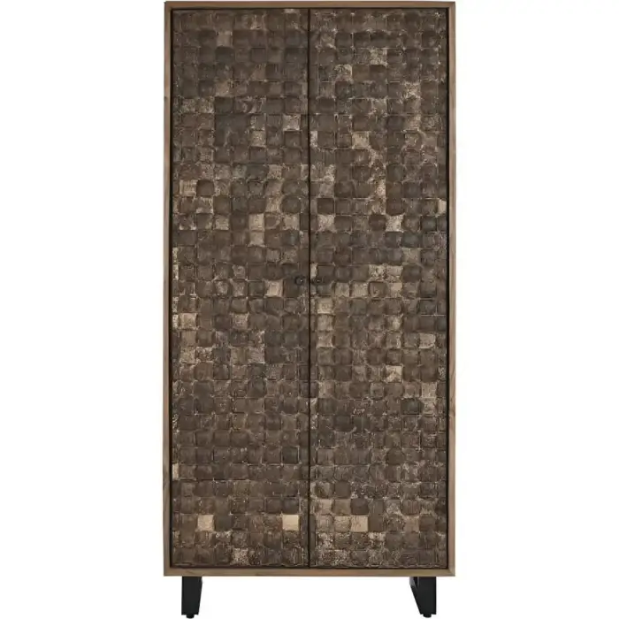 Armadio jungle tropicale in teak riciclato con pannelli in cocco intagliato e 10 ripiani interni