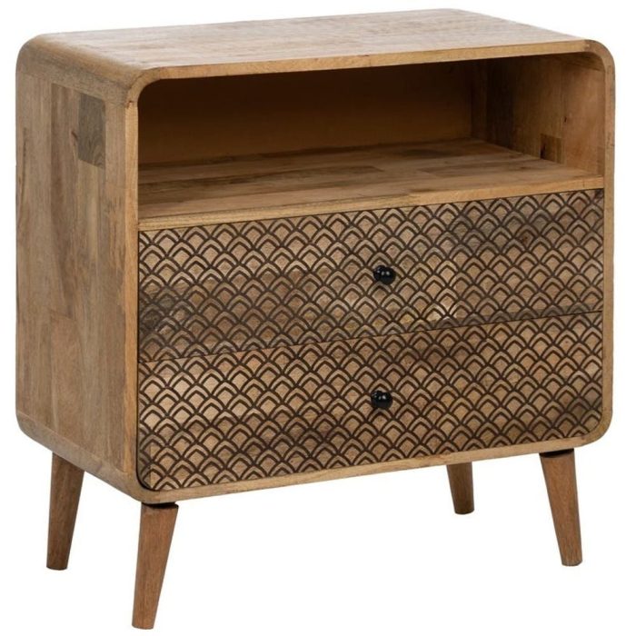 Comodino vintage largo in legno massello di mango