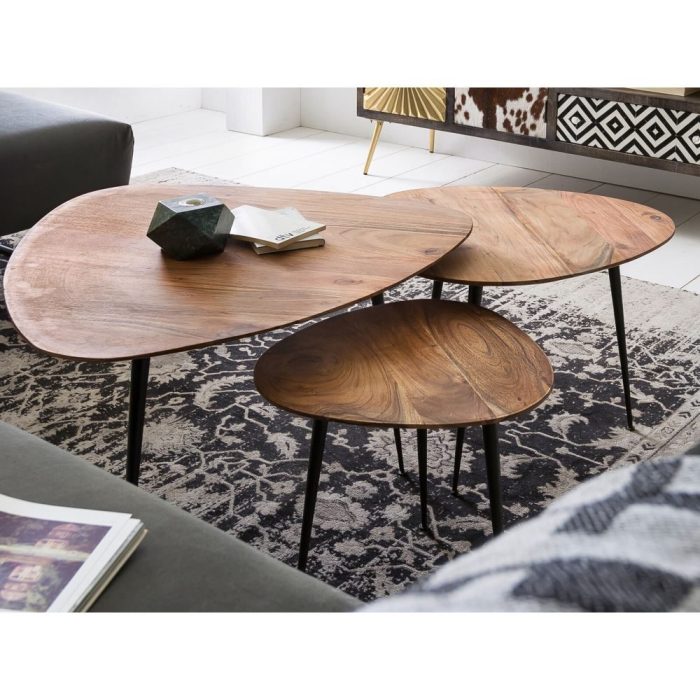 Tavolino vintage triangolare in acacia e metallo – Etnico Outlet