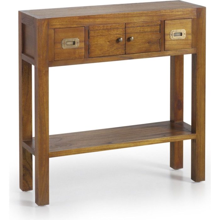 Consolle etnica in legno miele con cassetti e antine.