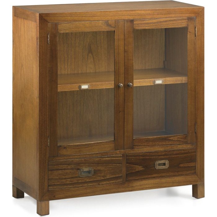 Vetrinetta neo-coloniale in legno mindi miele con ante in vetro.