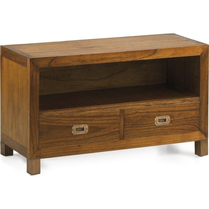 Porta TV etnico in legno miele con cassetti.