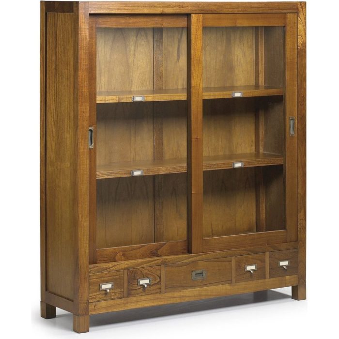 Vetrina neo coloniale in legno miele con ante scorrevoli