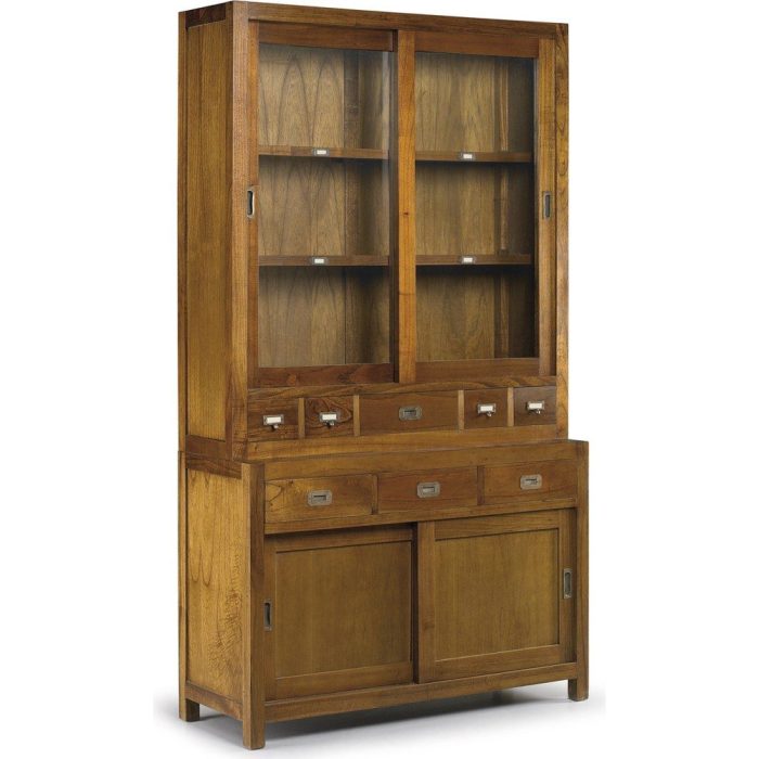 Vetrina etnica neo coloniale in legno miele e ottone
