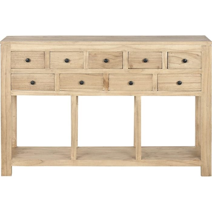 Consolle etnica naturale in legno massiccio con nove cassetti.