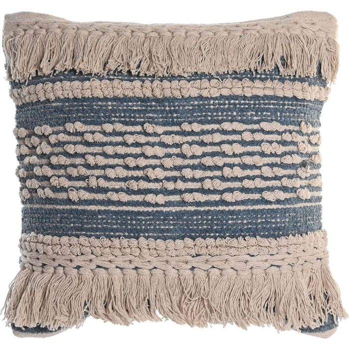 Cuscino etnico azzurro beige in cotone con frange decorative