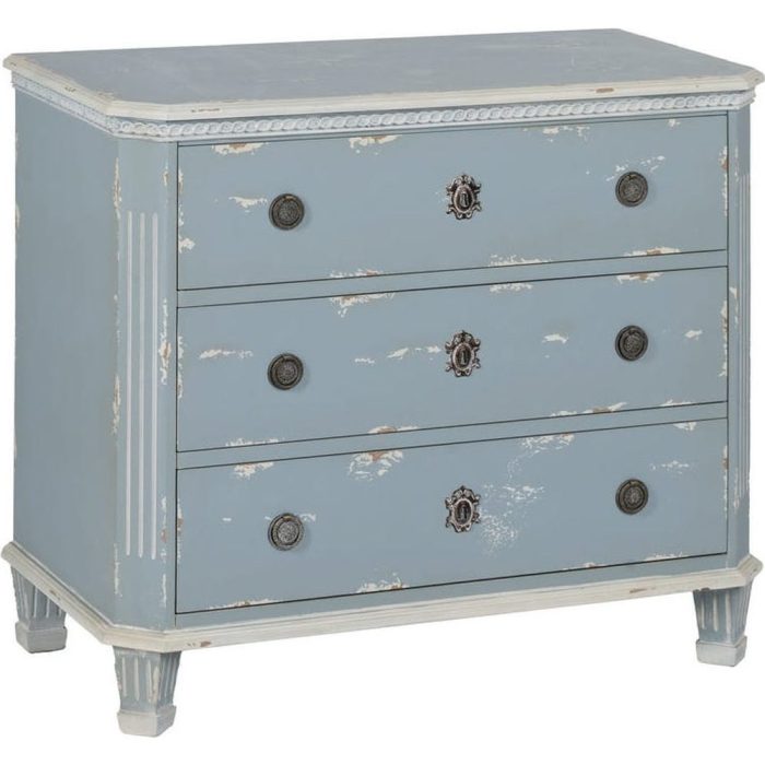 Cassettiera francese shabby chic celeste decapata