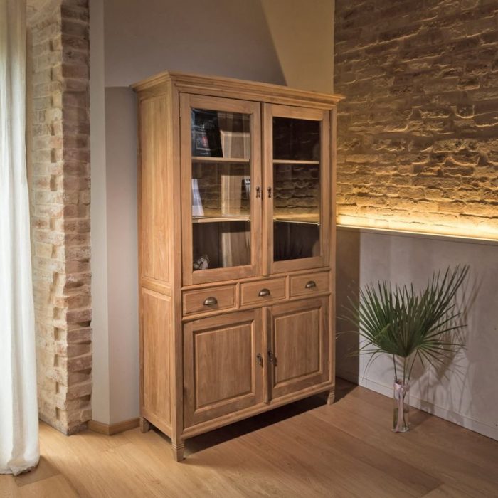 Vetrina country teak con 3 cassetti - Etnico Outlet
