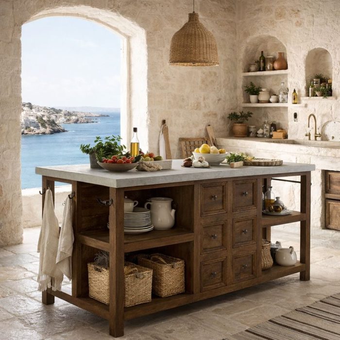 Isola cucina country “Cascina” in legno massello e marmo