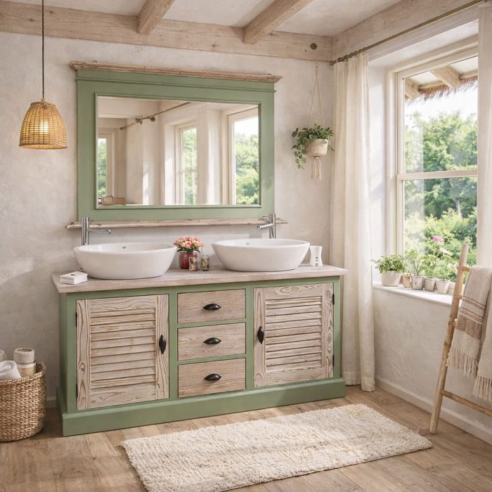 Mobile bagno rustico chic verde in legno massello - SU MISURA online