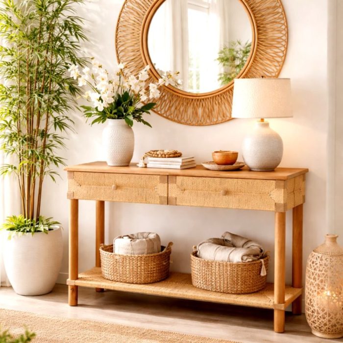 Consolle orientale abete e rattan - Etnico Outlet