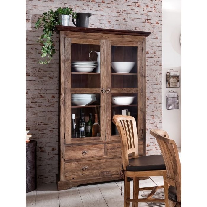 Vetrina etnica teak riciclato 3 cassetti - Etnico Outlet