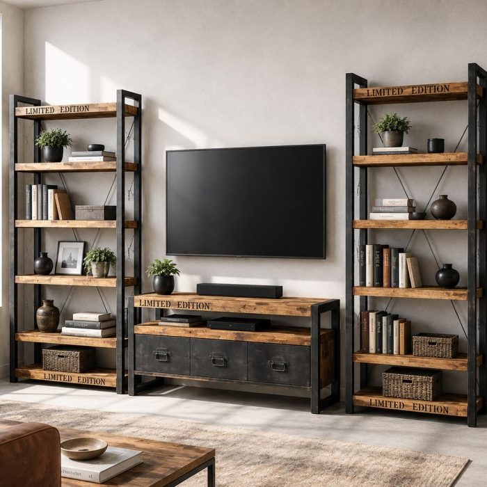 Libreria industriale in ferro nero e legno massello - Etnico Outlet