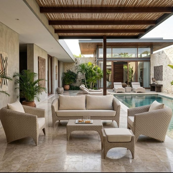 Salotto outdoor in polyrattan bianco avana