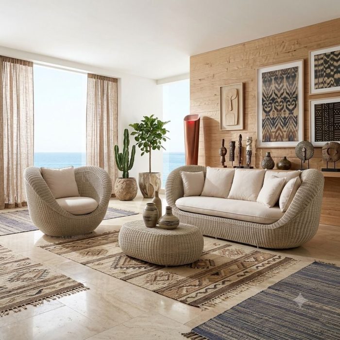 Salotto Outdoor in rattan sintetico bianco wash