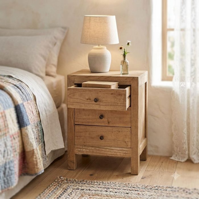 Comodino country legno massello 3 cassetti - Etnico Outlet