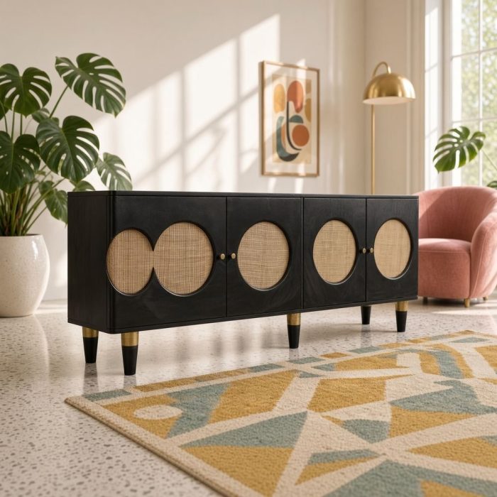 Madia nera vintage in mango e rattan