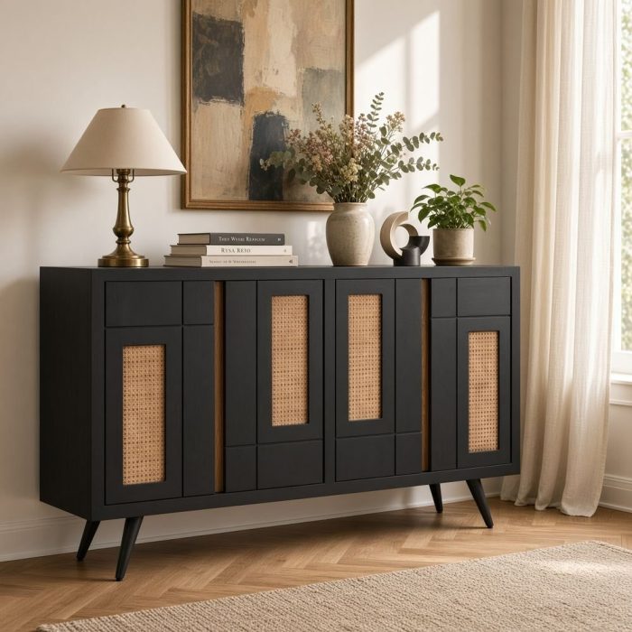Buffet vintage nero in legno di mango con rattan