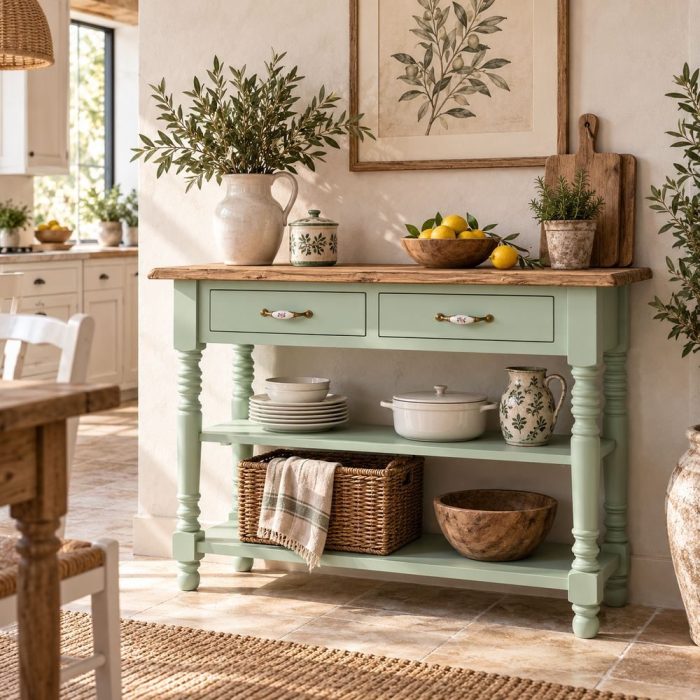 Consolle country chic verde con gambe tornite