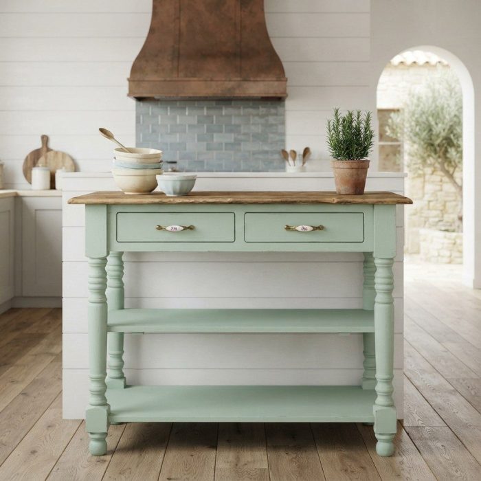 Consolle country chic verde con gambe tornite