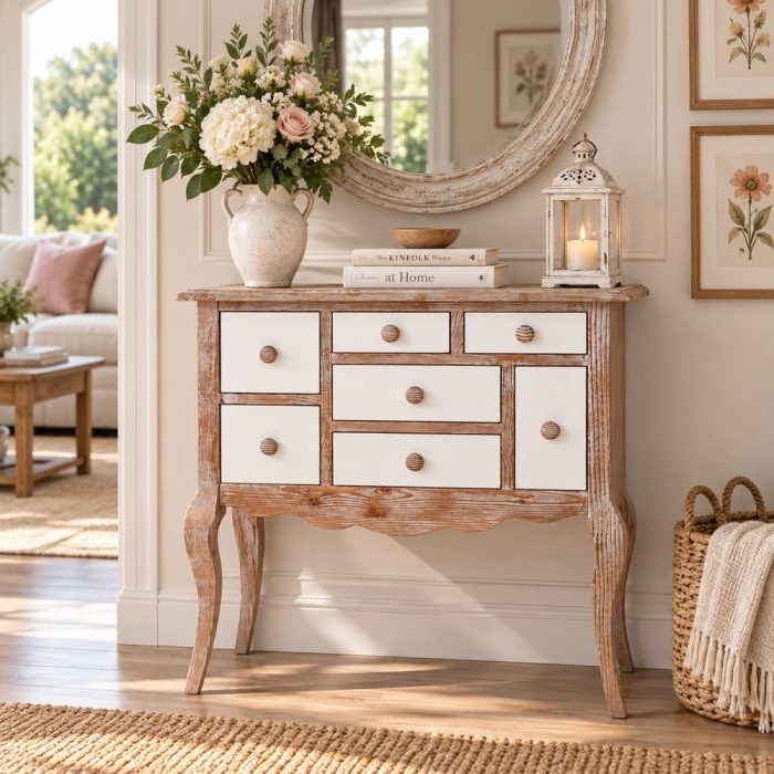 Consolle boho chic bicolore con 7 cassetti
