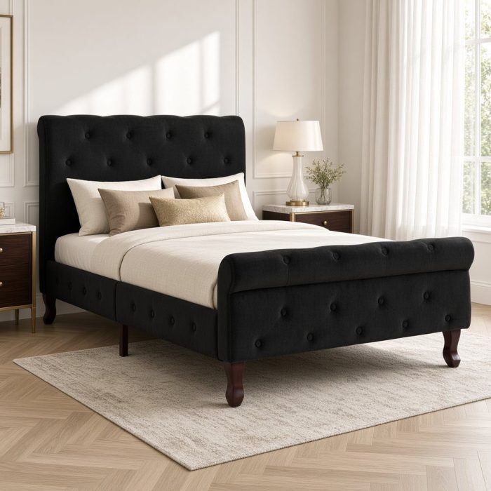 Letto vintage nero in velluto con rete a doghe