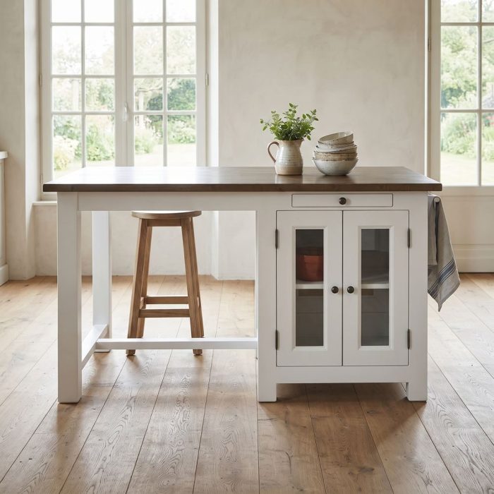Isola da cucina in legno massello ambientata in una cucina provenzale luminosa