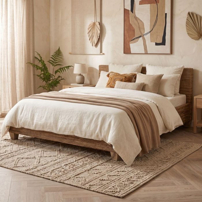 Letto matrimoniale in teak e fibra di banana intrecciata