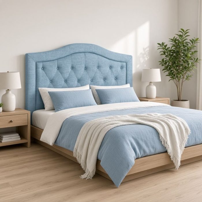 Testata letto imbottita celeste con capitonné stile provenzale