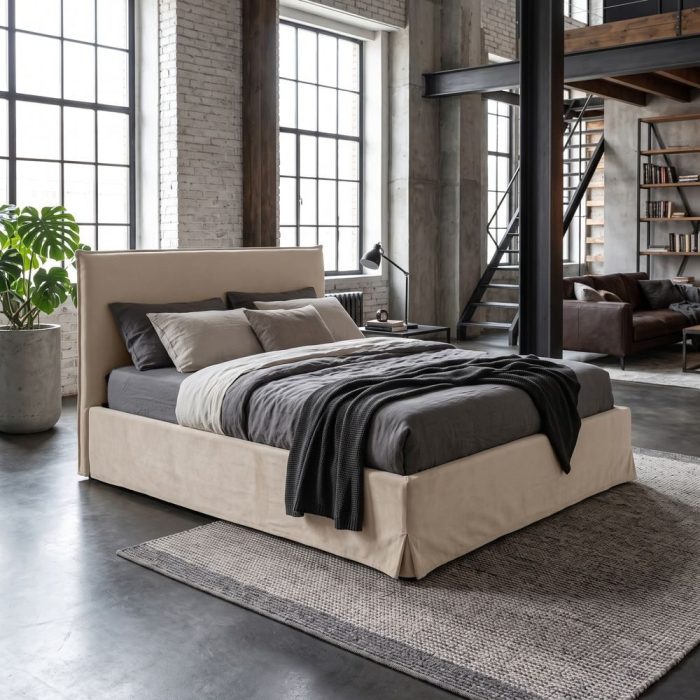 Letto matrimoniale beige in tessuto sfoderabile