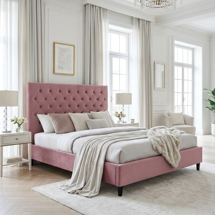 Letto matrimoniale francese rosa antico effetto velluto