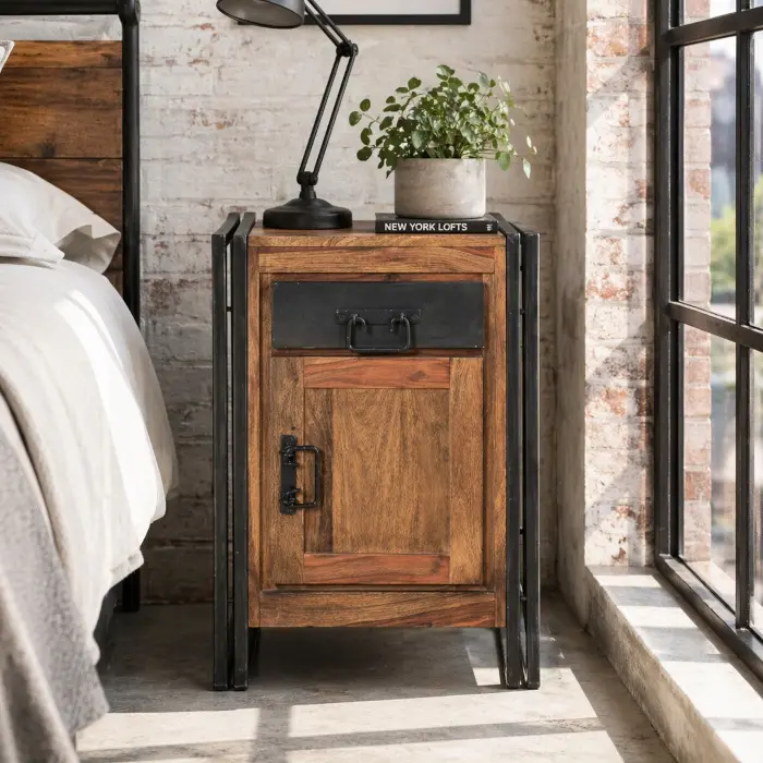 Comodini industrial vintage in legno massello e metallo con stile factory e loft