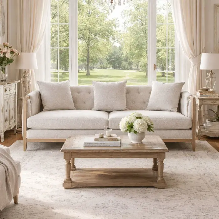 Divani e poltrone provenzali shabby chic e country in legno massello con tessuti chiari e stile francese romantico