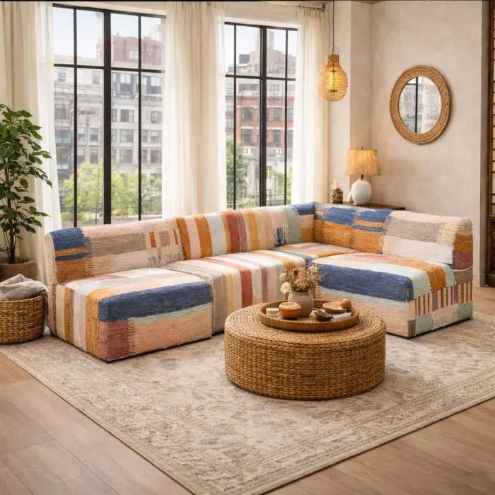 Divani e poltrone industrial boho chic vintage in legno massello e tessuto con stile loft e factory