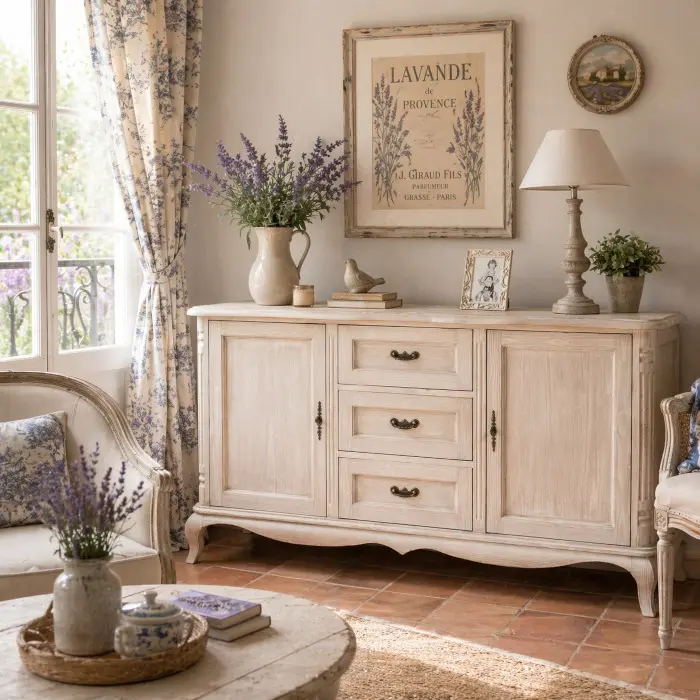 Credenze provenzali francesi shabby chic buffet in legno massello su misura con finiture chiare e stile romantico
