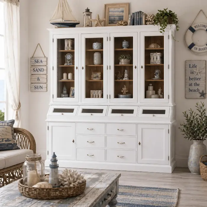 Vetrine shabby chic provenzali su misura in legno massello con ante vetrate e finiture chiare