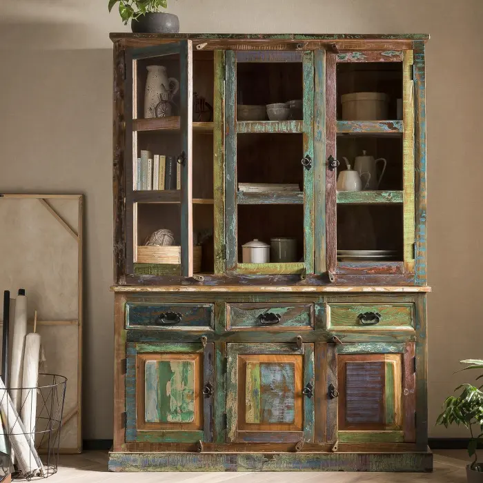 Vetrine industrial e vintage in legno massello con ante vetrate e struttura metallo stile factory loft