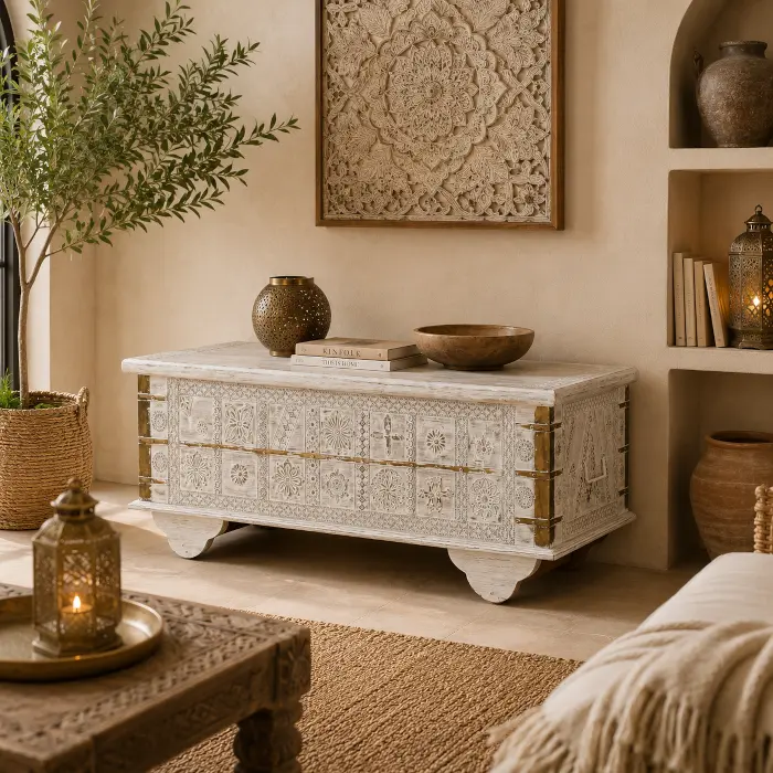 Baule artigianale etnico in legno bianco intagliato con ricchi decori orientali, esposto in un luminoso salotto etnico – Collezione pouff, bauli e panche etniche e orientali