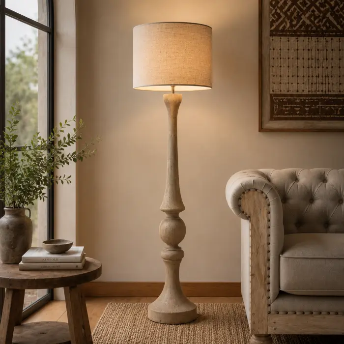 Lampada da terra in legno massello chiaro stile provenzale shabby chic con paralume in tessuto