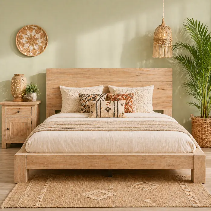 Letto in legno naturale con testiera artigianale stile etnico e orientale – arredo camera da letto Etnico Outlet