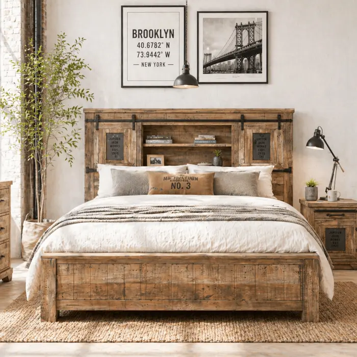 Letti industrial vintage loft in legno massello e metallo con testata stile factory