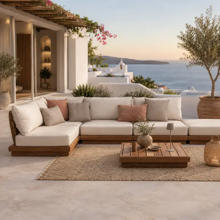 Divani e poltrone da giardino modulari con cuscini impermeabili per salotto outdoor