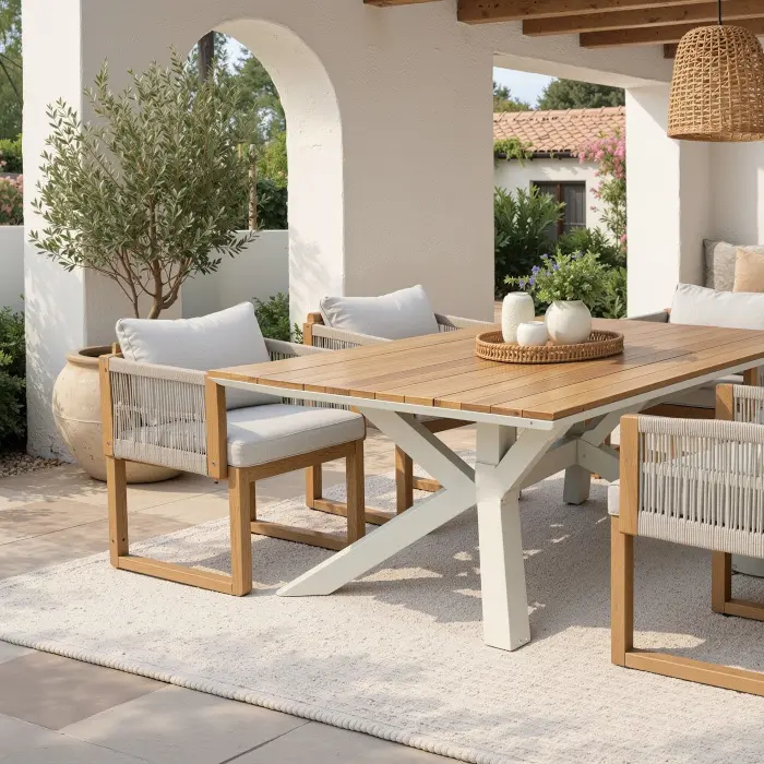 Set tavolo e sedie da giardino completo per zona pranzo outdoor in legno e rattan